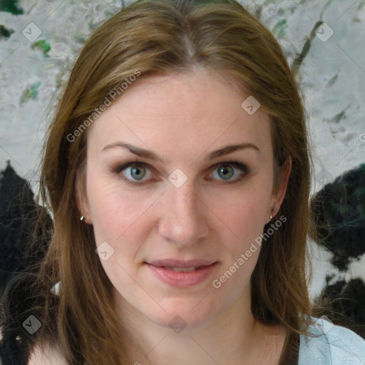 Joyful white young-adult female with long  brown hair and green eyes