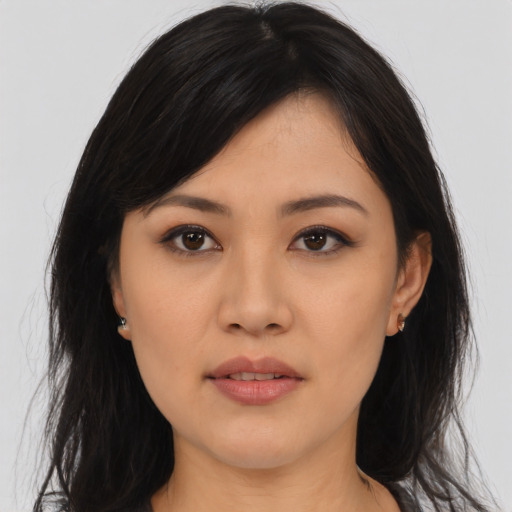 Neutral asian young-adult female with long  black hair and brown eyes