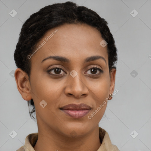 Joyful latino young-adult female with short  brown hair and brown eyes