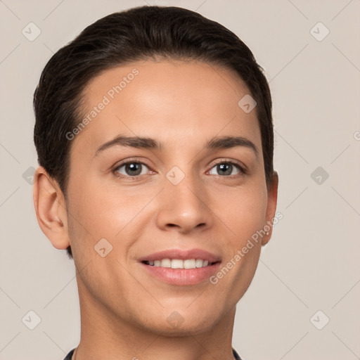 Joyful white young-adult female with short  brown hair and brown eyes