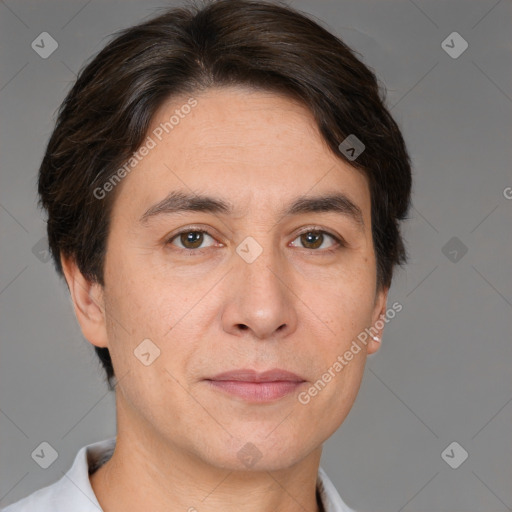 Neutral white adult male with short  brown hair and brown eyes