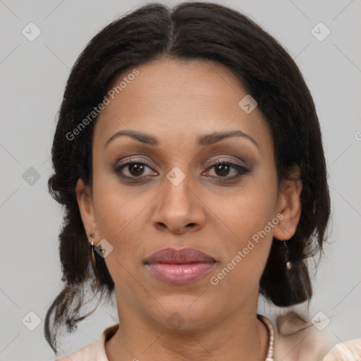 Joyful latino young-adult female with medium  brown hair and brown eyes