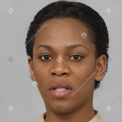 Neutral black young-adult female with short  brown hair and brown eyes