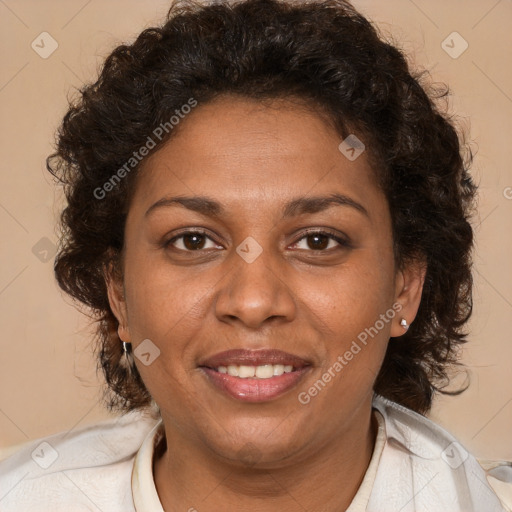 Joyful black young-adult female with medium  brown hair and brown eyes