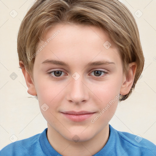 Joyful white child female with short  brown hair and grey eyes