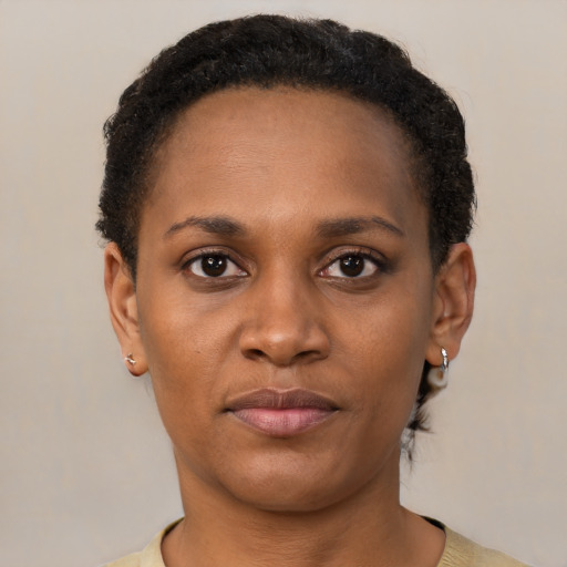 Neutral black young-adult female with short  brown hair and brown eyes