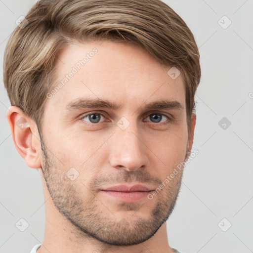 Neutral white young-adult male with short  brown hair and grey eyes