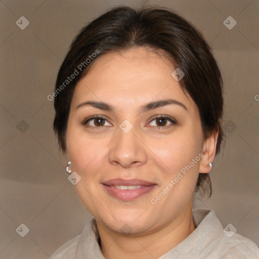 Joyful white adult female with medium  brown hair and brown eyes