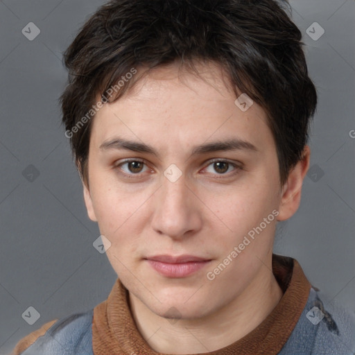 Neutral white young-adult female with short  brown hair and brown eyes