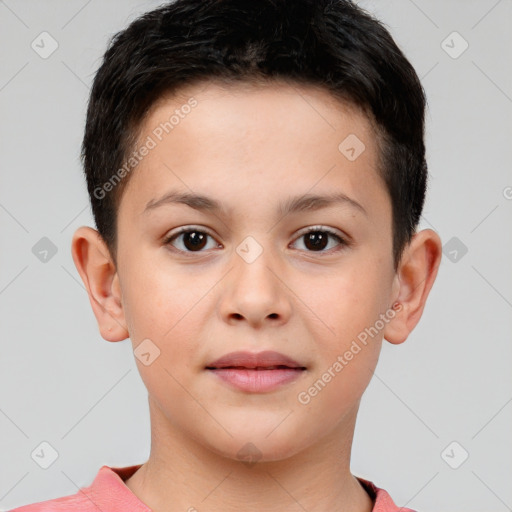 Joyful white child male with short  brown hair and brown eyes