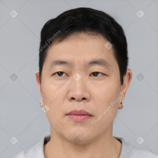 Neutral asian young-adult male with short  black hair and brown eyes