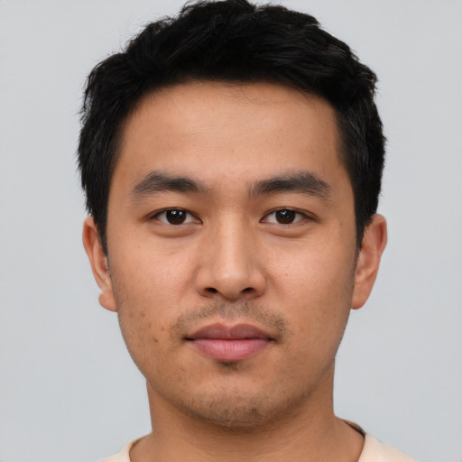 Neutral asian young-adult male with short  black hair and brown eyes