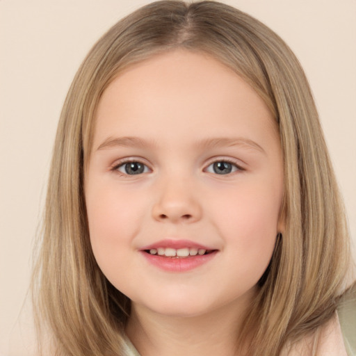 Joyful white child female with long  brown hair and brown eyes