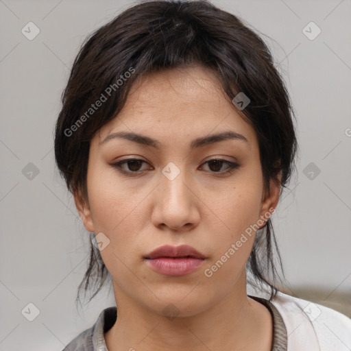 Neutral white young-adult female with medium  brown hair and brown eyes