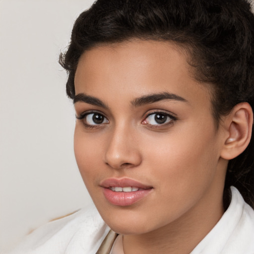 Neutral white young-adult female with long  brown hair and brown eyes