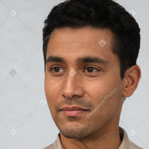 Neutral asian young-adult male with short  black hair and brown eyes