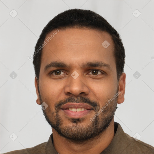 Neutral latino young-adult male with short  black hair and brown eyes
