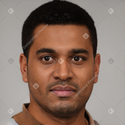Neutral black young-adult male with short  black hair and brown eyes