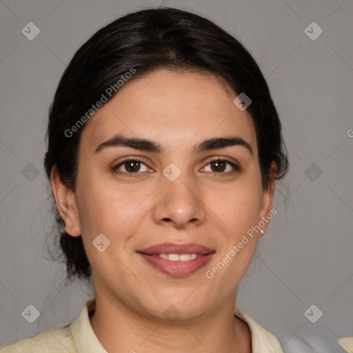 Joyful white young-adult female with medium  brown hair and brown eyes