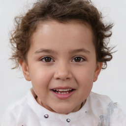 Joyful white child female with short  brown hair and brown eyes