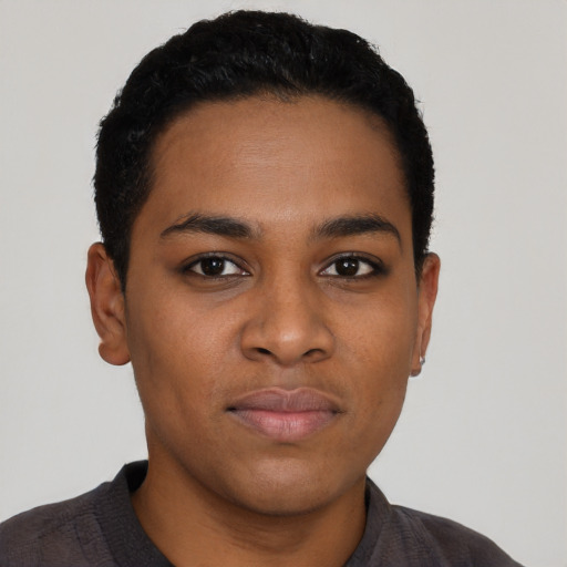 Neutral black young-adult male with short  black hair and brown eyes