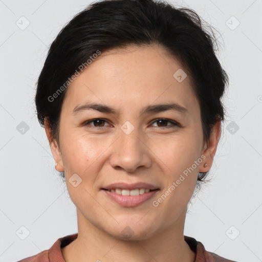 Joyful white young-adult female with medium  brown hair and brown eyes