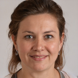 Joyful white adult female with medium  brown hair and brown eyes