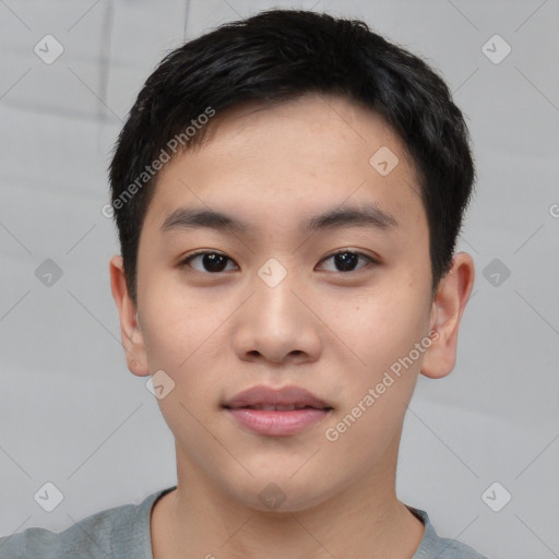 Neutral asian young-adult male with short  brown hair and brown eyes