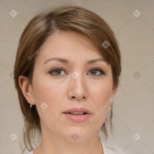 Neutral white young-adult female with medium  brown hair and brown eyes