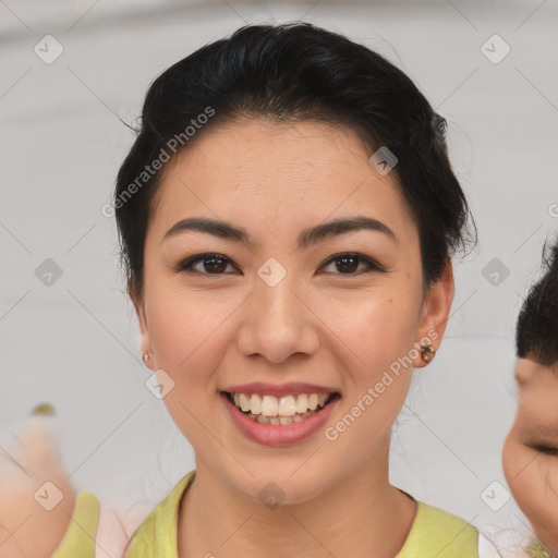 Joyful asian young-adult female with medium  brown hair and brown eyes