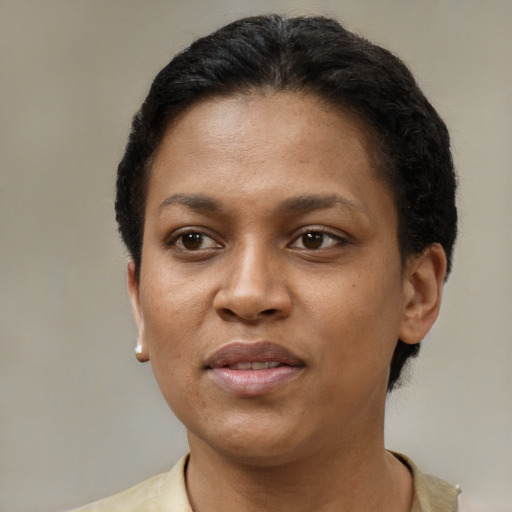 Neutral black young-adult female with short  brown hair and brown eyes