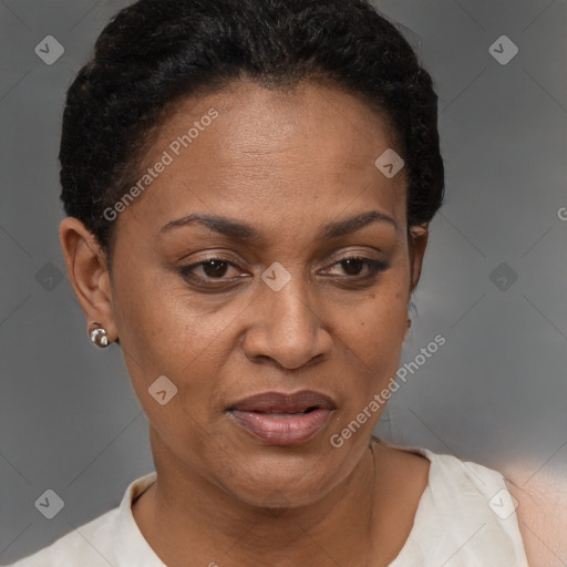 Joyful black adult female with short  brown hair and brown eyes