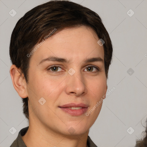 Joyful white young-adult female with short  brown hair and brown eyes