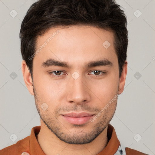 Neutral white young-adult male with short  brown hair and brown eyes