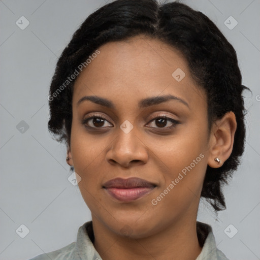 Joyful latino young-adult female with long  black hair and brown eyes