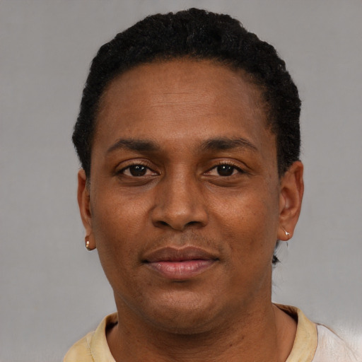 Neutral latino adult male with short  black hair and brown eyes