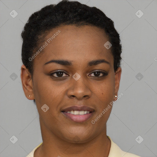 Joyful black young-adult female with short  brown hair and brown eyes