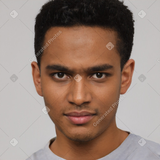 Neutral latino young-adult male with short  black hair and brown eyes