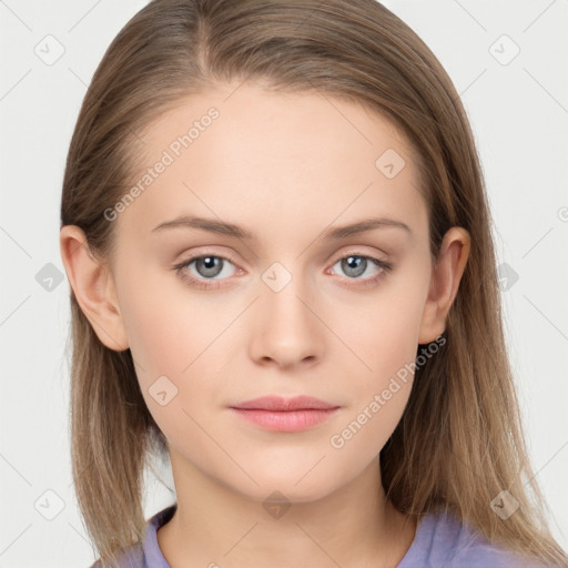 Neutral white young-adult female with long  brown hair and grey eyes