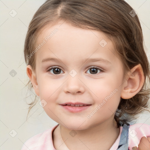 Joyful white child female with medium  brown hair and brown eyes