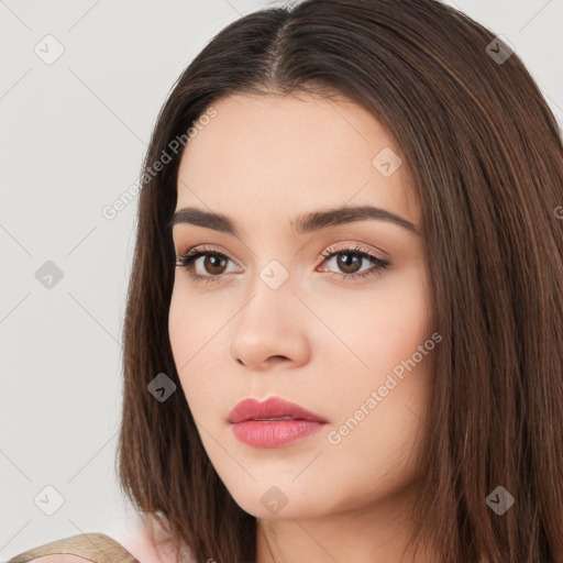 Neutral white young-adult female with long  brown hair and brown eyes