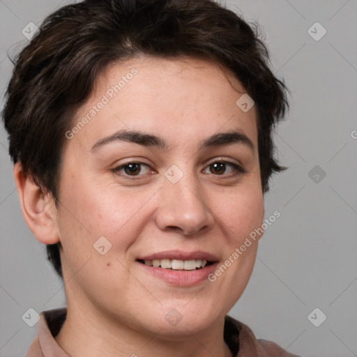 Joyful white young-adult female with short  brown hair and brown eyes