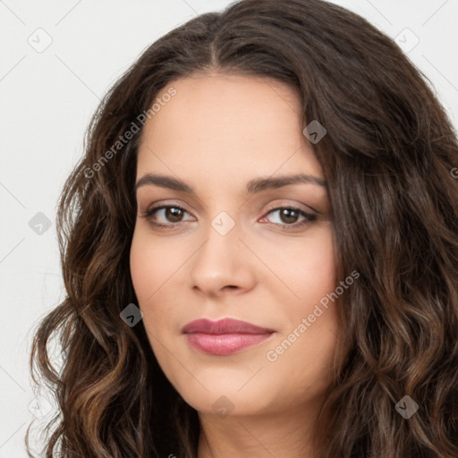 Neutral white young-adult female with long  brown hair and brown eyes