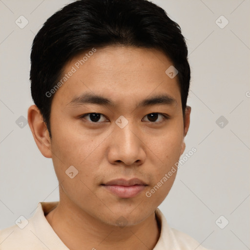 Neutral asian young-adult male with short  black hair and brown eyes