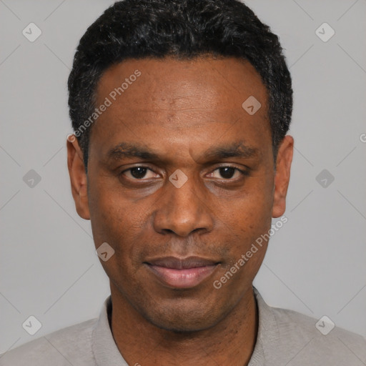 Neutral black adult male with short  black hair and brown eyes