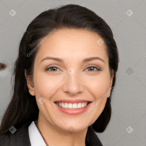 Joyful white young-adult female with long  brown hair and brown eyes