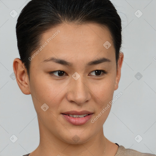 Joyful latino young-adult female with short  brown hair and brown eyes