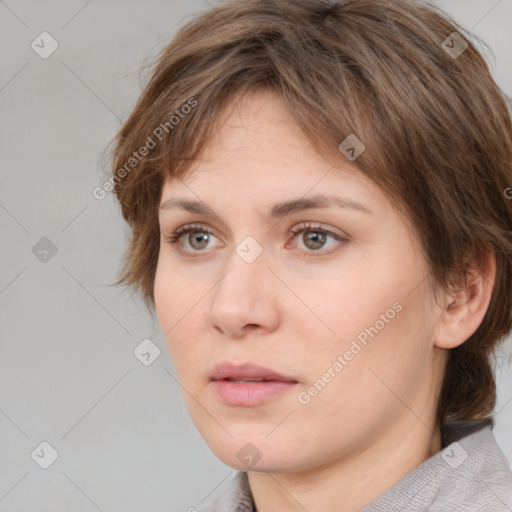 Neutral white young-adult female with medium  brown hair and brown eyes