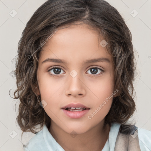 Joyful white child female with medium  brown hair and brown eyes