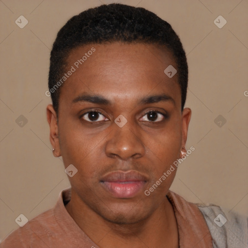 Neutral black young-adult male with short  black hair and brown eyes